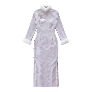 紫色冬款长袖冬款加绒旗袍2026新款年轻款气质高端复古风平时可穿