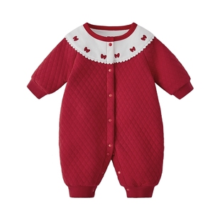 [抗菌远红外]婴儿连体衣秋冬婴儿红色喜庆加厚满月宝宝拜年服哈衣