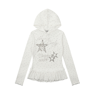 Double L2 满印星星荷叶边裙摆连帽长袖T恤女轻亚风修身打底上衣