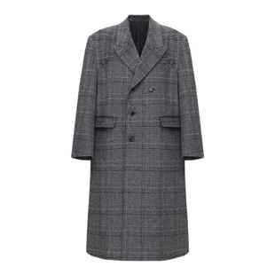 HTCU 克利夫顿 廓形剪裁格纹毛呢中长款大衣呢子风衣外套男