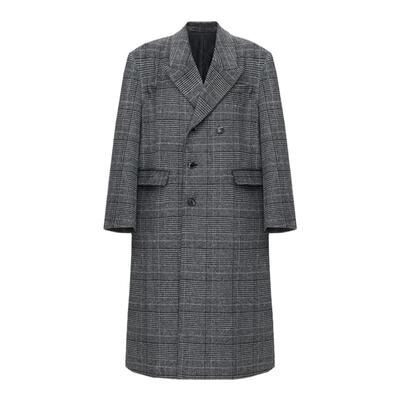 HTCU廓形剪裁格纹毛呢中长款大衣