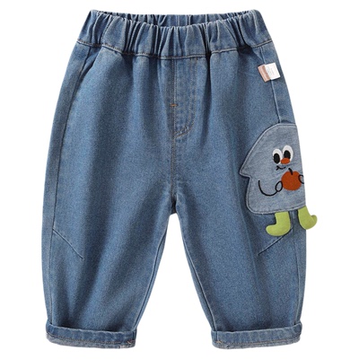 咔咔熊猫宝宝卡通加绒牛仔裤秋冬男童加厚保暖长裤冬款儿童裤子潮