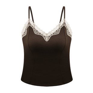 秋冬蕾丝磨毛保暖吊带背心女士莫代尔带胸垫内搭美背打底白色上衣