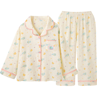 『100%全棉』甜美风纯棉睡衣女款春秋季超柔软泡泡棉纱家居服套装