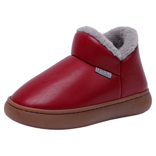 冬季加厚绒男女款中老年保暖棉鞋居家外穿防水皮面防滑包跟棉拖鞋