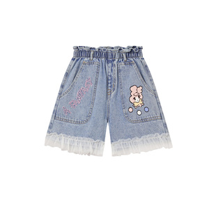 爱法贝夏季新款女童牛仔蕾丝短裤外穿中大儿童宽松休闲裤子