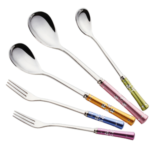 国风304不锈钢勺子可爱儿童创意彩钻匙子家用水果叉调羹冰淇淋勺