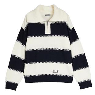 【cozy巴黎】ELLE法式大翻领绵羊毛条纹针织衫女2025秋季新款毛衣
