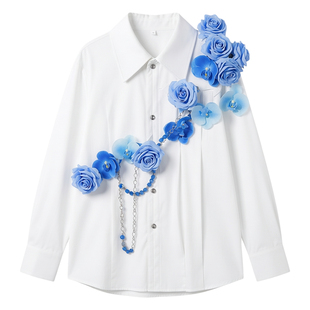 曹恩齐明星同款立体蓝色手工花长袖衬衣男高级轻奢个性设计感衬衫