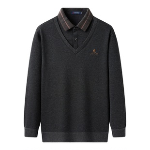 加绒加厚-梦特娇男装秋冬季假两件打底毛衣绵羊毛亲肤内搭针织衫Z