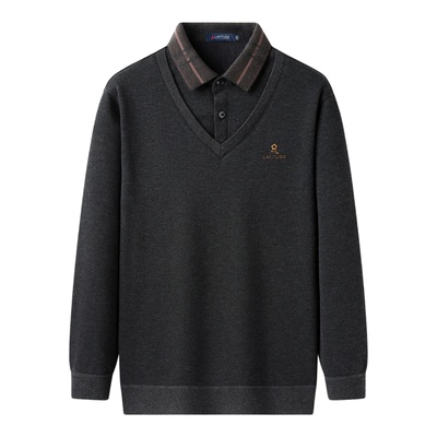 梦特娇男士秋冬季加绒毛衣假两件