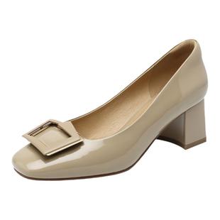 自由姿色方头粗跟高跟鞋春季新款真皮女鞋rv方扣单鞋女浅口