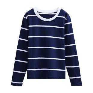 棉质条纹上衣女春秋2025新款韩版大码宽松显瘦洋气圆领T恤打底衫