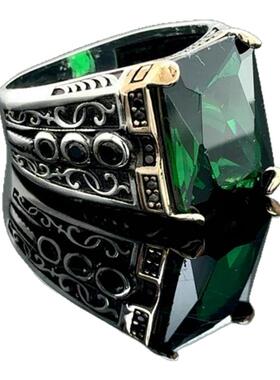 绿色宝石锆石纯银男士周年戒指