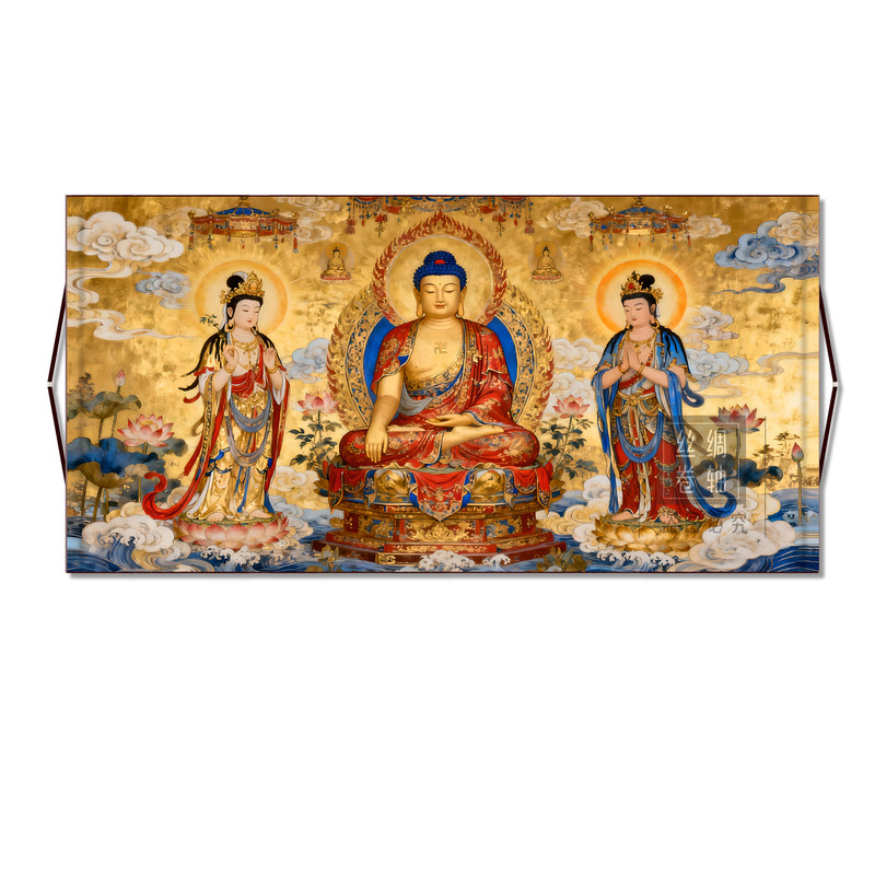 南无阿弥陀佛画像金身西方三圣佛堂供奉挂画结缘纳福丝绸卷轴画