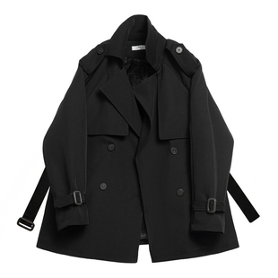 黑色经典廓形翻领收腰风衣2026秋冬款高级感加绒小个子短款外套女