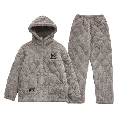 男士冬季三层珊瑚绒夹棉袄睡衣