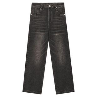 GWIT 美式高街重磅石磨水洗做旧春秋休闲长裤潮牌炭黑牛仔裤男