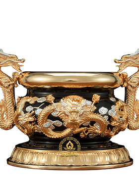 黄铜著金双龙香火炉家用供佛摆件