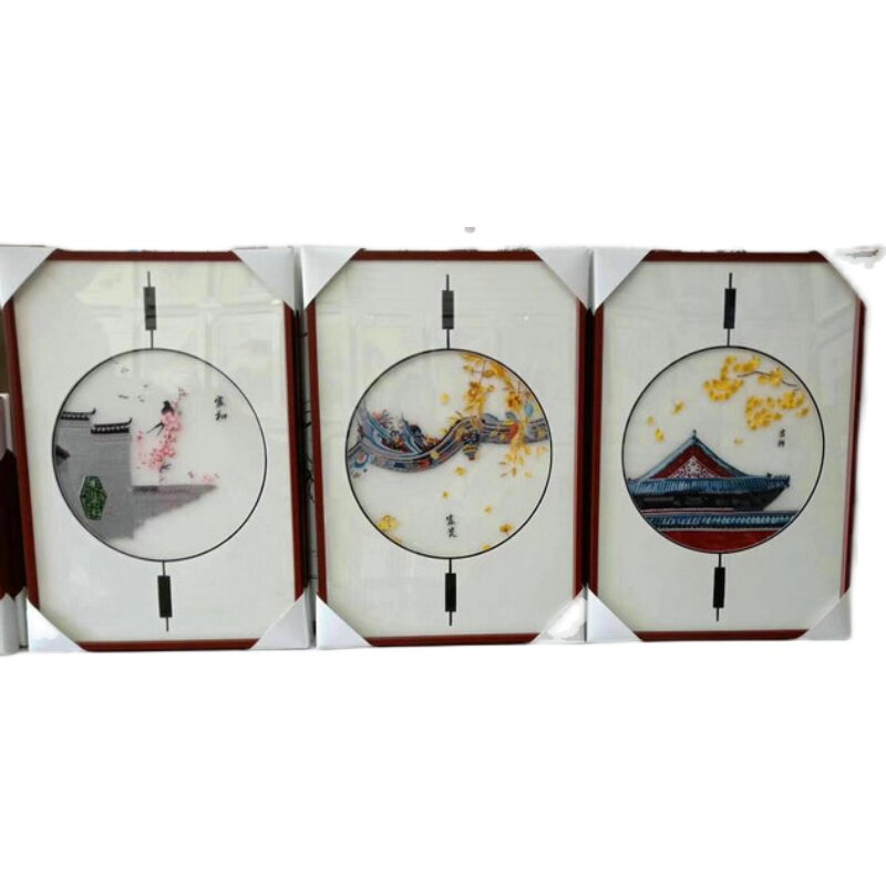 苏州刺绣机绣仿手工三联画客厅背景墙装饰画挂画成品实木外框礼品