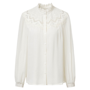 VGRASS维格娜丝春季新款衬衫盘绳蕾丝绣真丝衬衫圆领镂空设计上衣