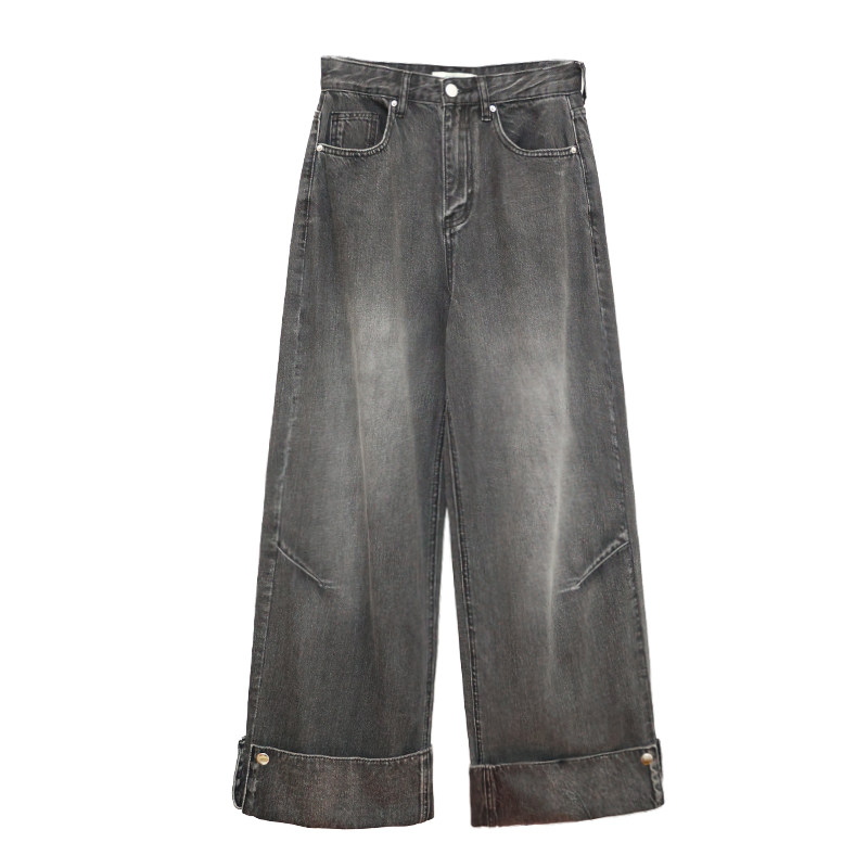 花吉L058炭灰色高腰复古翻边脚口牛仔长裤女2026新款秋宽松牛仔裤