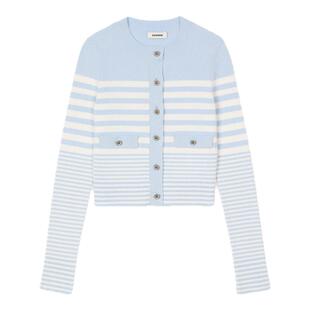 SANDRO2025秋冬女装法式气质蓝白撞色条纹圆领修身上衣针织开衫
