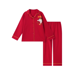 纯棉睡衣女童春秋季长袖长裤卡通可爱红色新年拜年服胖女孩家居服