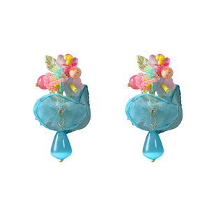 [ 无厘头 ] 蓝调花簇 原创薄荷蓝薄莎春夏花朵串珠度假耳环耳夹