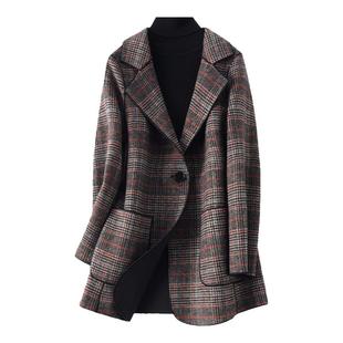 毛呢外套女常规款西装领修身气质千鸟格春秋新款轻奢羊毛呢子大衣