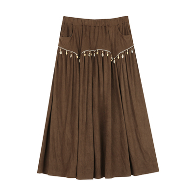 天然贝壳装饰麂皮流苏半身裙