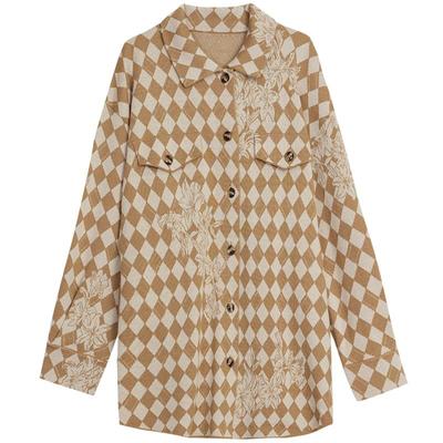 墨蒂珂羊毛单排扣格子印花针织衫