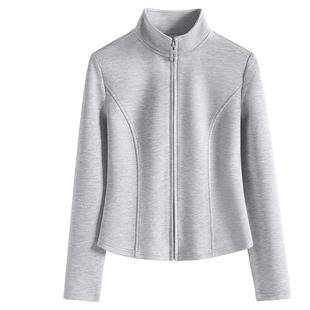 真维斯立领外套女春秋款2026新款早春灰色收腰开衫修身显瘦薄上衣