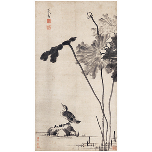 八大山人朱耷荷花水禽图水墨书画国画真迹高清微喷仿古装裱装饰画