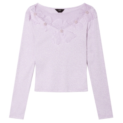 白鹿语甜美大花朵装饰修身长袖上衣26春款浪漫风微弹正肩女式T恤