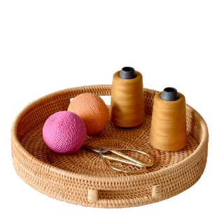 天然越南藤编托盘圆形 美式收纳篮酒店餐厅装饰篮手编 桌面糖果篮