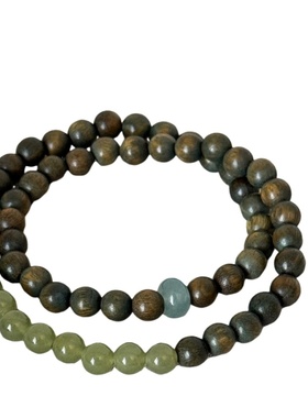 新中式国风绿檀木翡翠和田玉手链