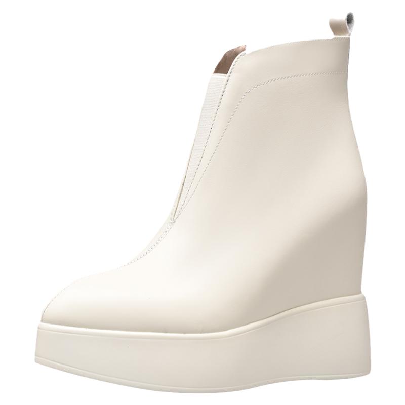 秋冬真皮内增高12CM马丁靴女米白色百搭尖头厚底坡跟短靴皮里单靴