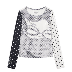 BETWEENAND 满印二次元波点像素动漫拼接长袖女春秋显瘦打底上衣