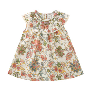 modomoma【云谷花廊】女童连衣裙夏装女宝宝短袖碎花公主裙