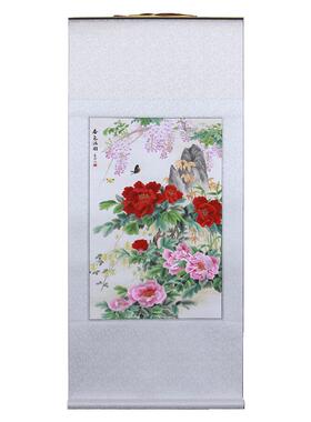 手工刺绣牡丹卷轴挂画，送礼佳品