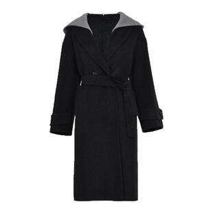 SeRinaBlue2026新款休闲撞色设计连帽羊毛双面呢气质长款大衣春季