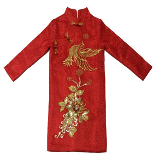 中国风女童旗袍儿童过年唐装女红色中大童礼服丝绒套装拜年服秋冬