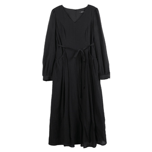 NEELLY纳俪商场同款V领系带收腰连衣裙 肌理感百搭法式垂感中长裙