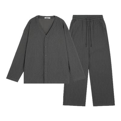 BODYDREAM BM条纹肌理感睡衣男V领外套宽松休闲可外穿家居服套装