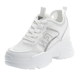 皇家百丽诗小白鞋夏季薄款女内增高8cm软底透气真皮配裙子网面鞋