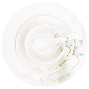 高档酒店摆台餐具套装三件套碟碗勺中国风荷花陶瓷餐具饭店包厢用