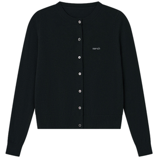 Halo Luu字母刺绣黑色毛衣针织开衫女秋冬微宽松羊毛内搭短款上衣