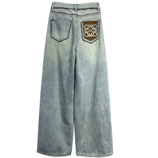 侧边拼色高腰宽松加绒休闲牛仔裤女冬新款个性显瘦百搭直筒阔腿裤