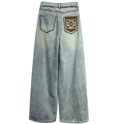 侧边拼色高腰宽松加绒休闲牛仔裤